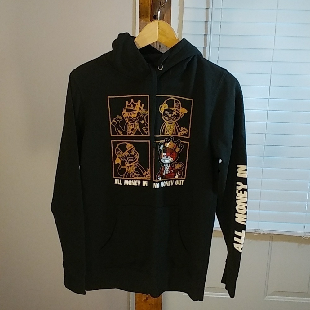 3forty Mens Black Pullover Hoodie Sweatshirt All Money In No Money Out Size L